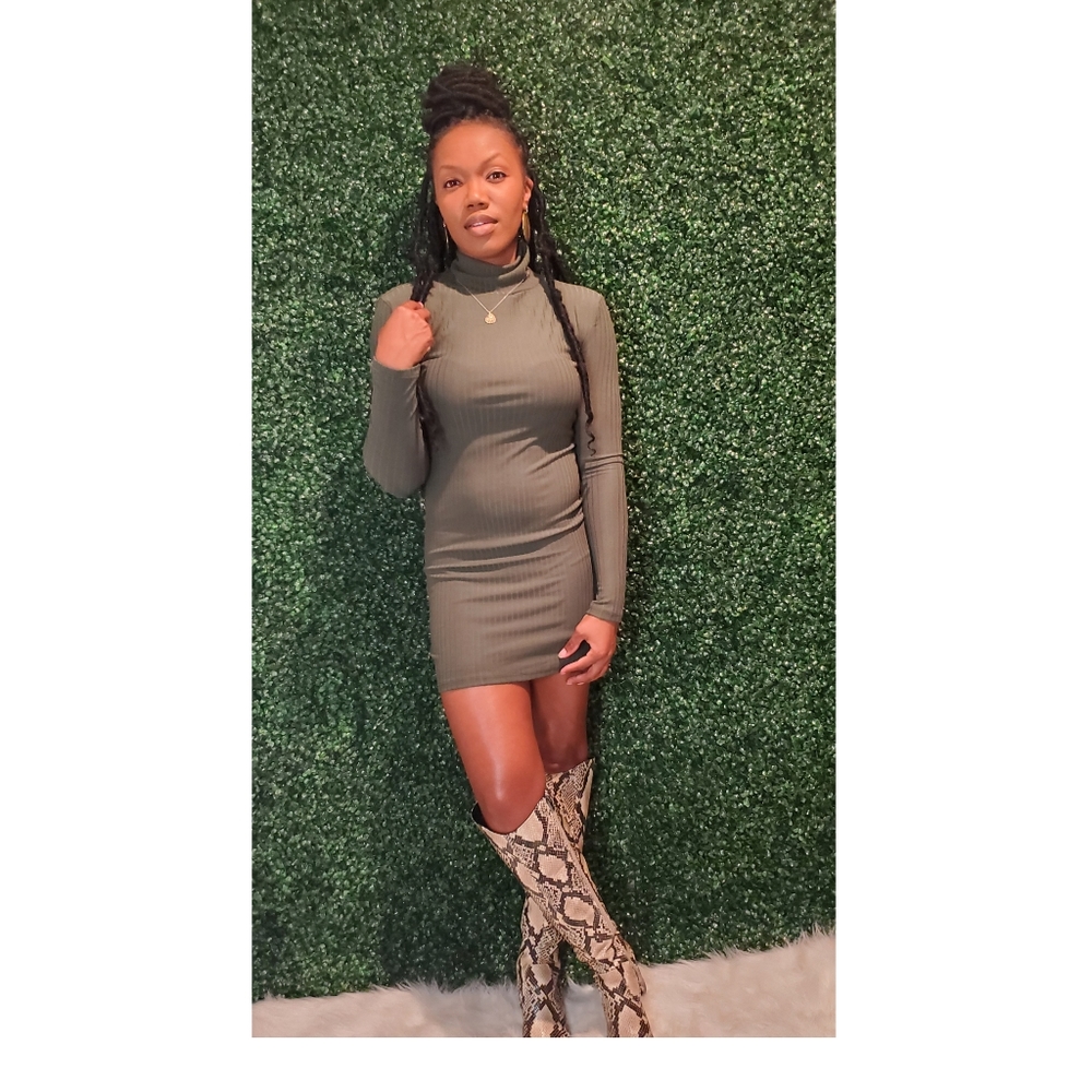 Ribbed Mock Long Sleeve Bodycon Dress